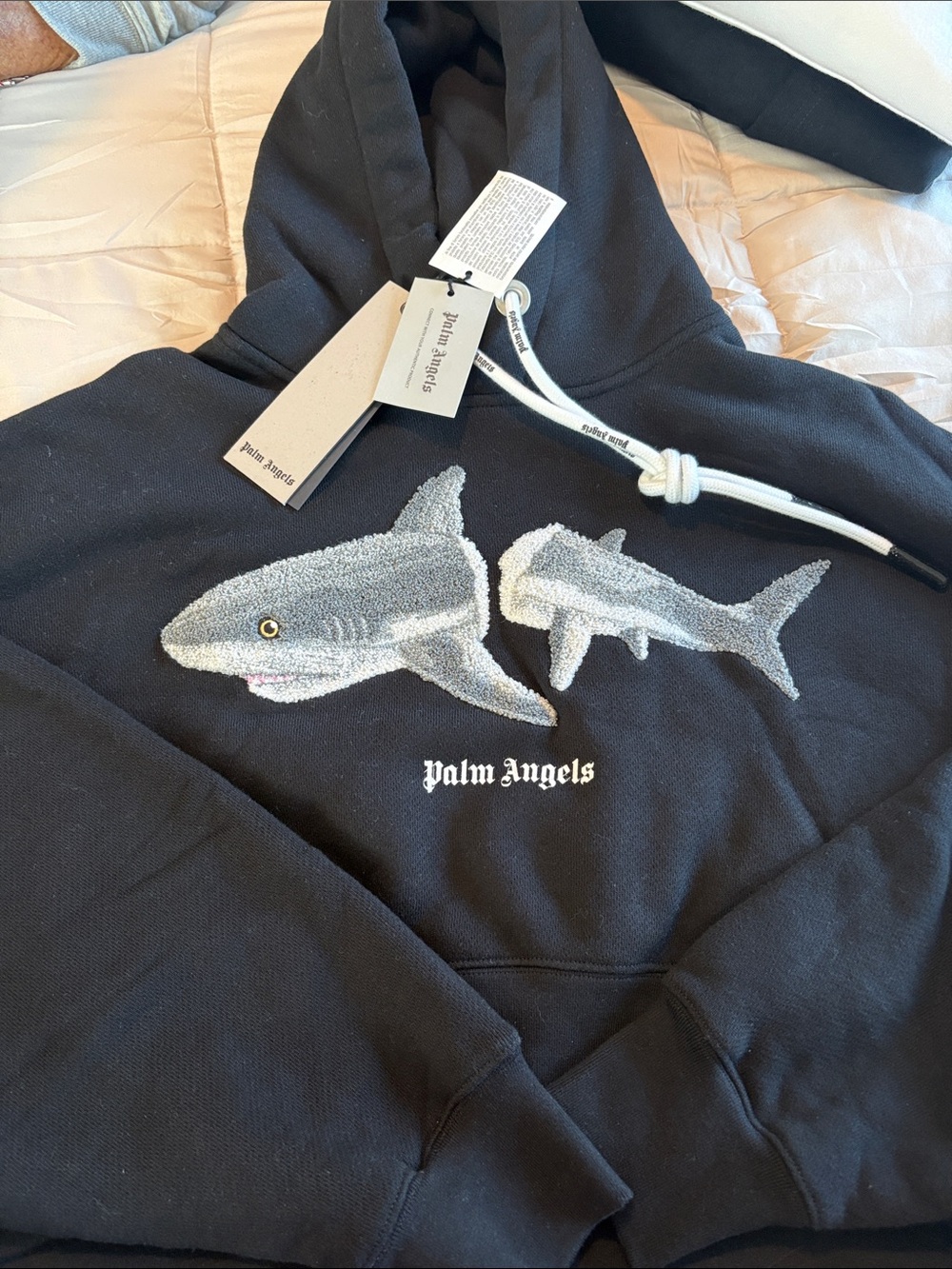 Palm Angels Black Cropped Crewneck Hoodie with Shark Embroidery
